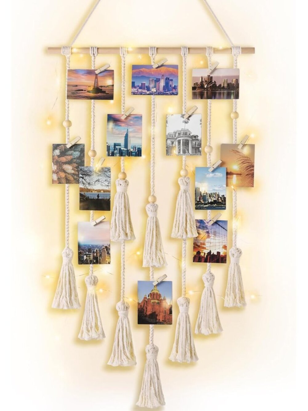 Hanging Photo Display, Boho Decor with String Light and 30 Wood Clips